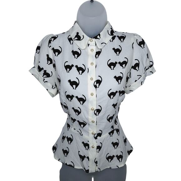 Modcloth x Collectif Mary Grace Meooow Blouse Halloween Cat 8 M Peter Pan Collar - Picture 1 of 13